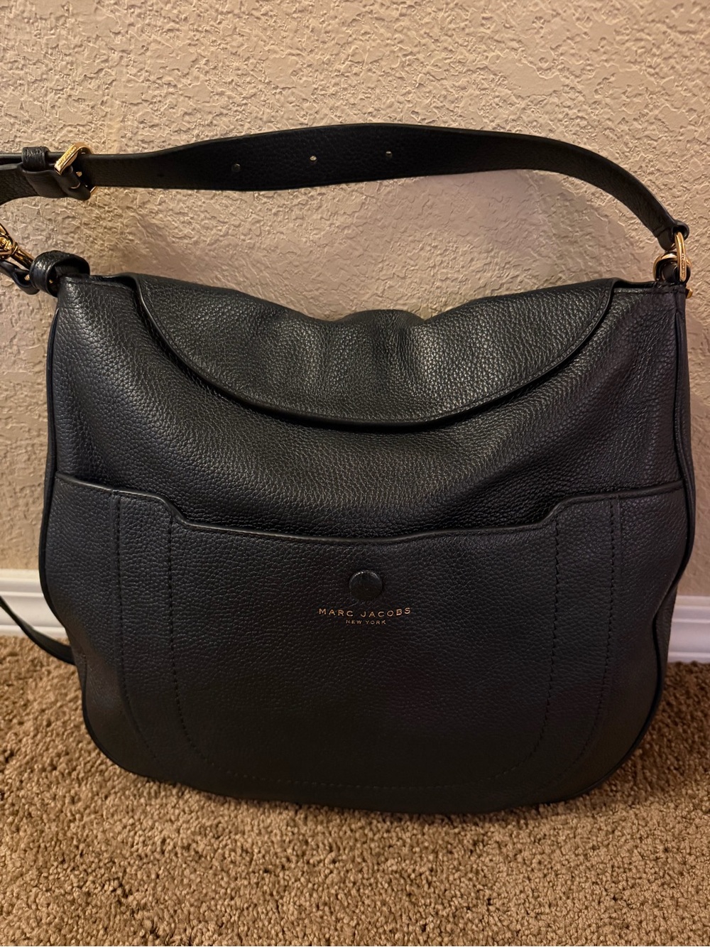 Marc Jacobs Black Pebbled Leather Shoulder/Crossbody Hobo with Gold Hardware